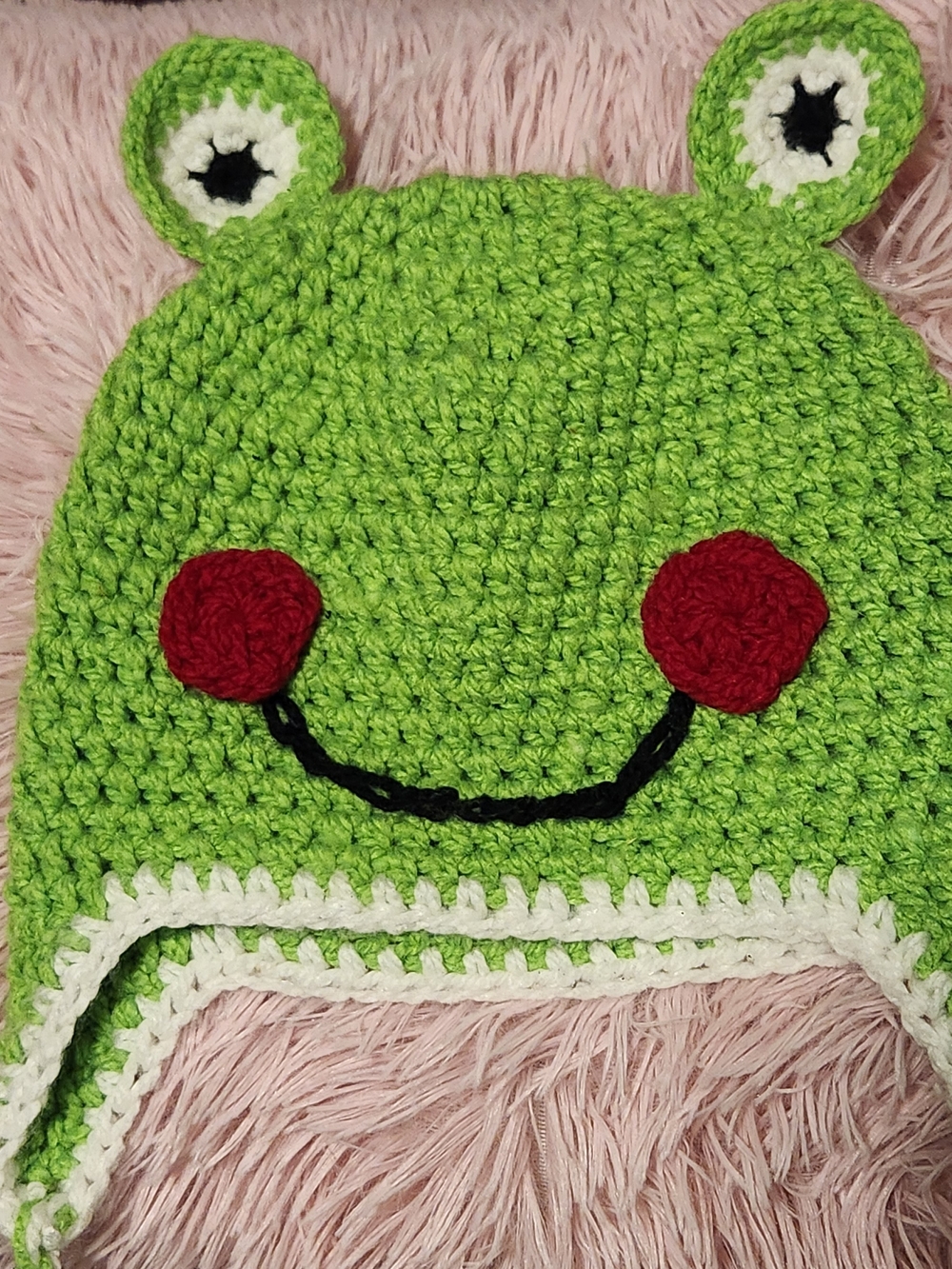 Handmade Kids Green Frog Crochet Beanie Hat with Red Cheeks